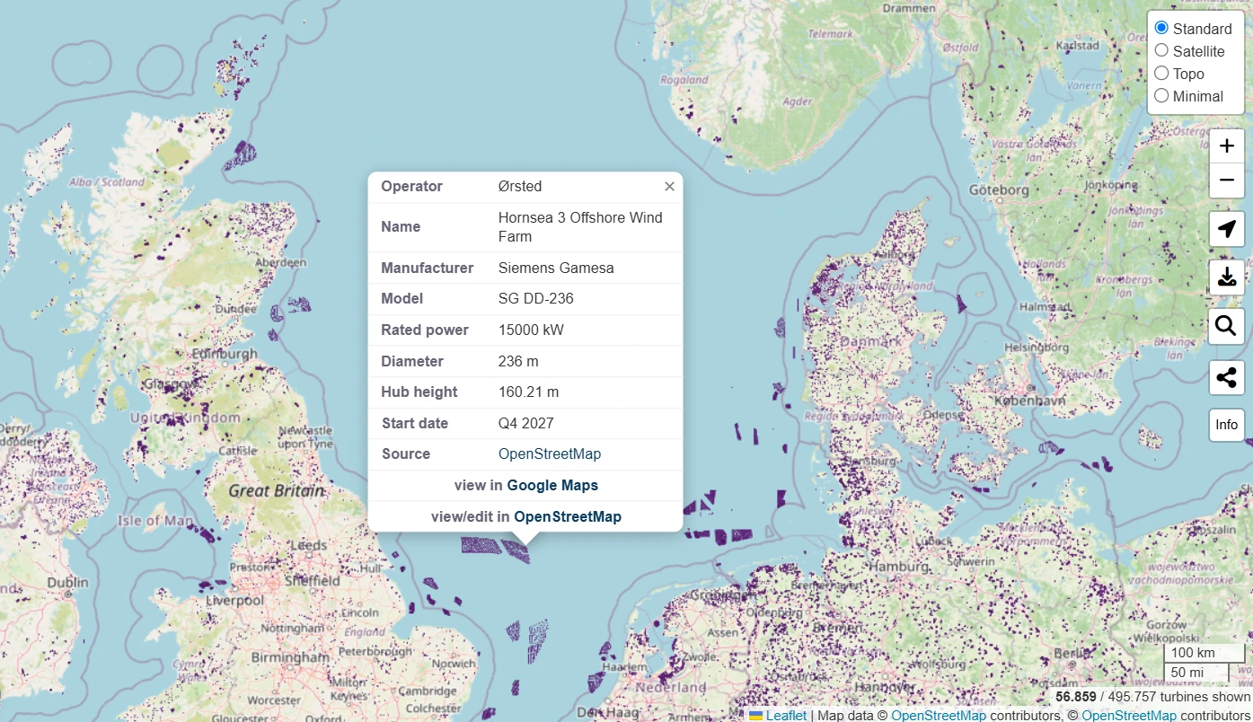 World Wind Turbine Map with turbine locations and technical details